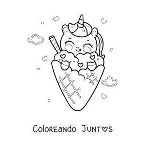 Imagen para colorear de unicornio kawaii animado con un cono de helado