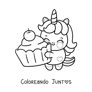 Imagen para colorear de unicornio kawaii animado con cupcake gigante