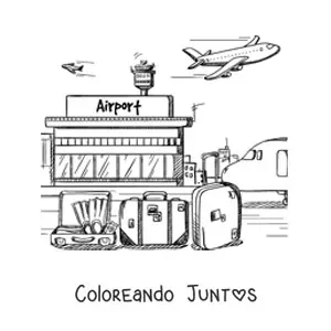 Imagen para colorear de un aeropuerto con maletas y un avión volando