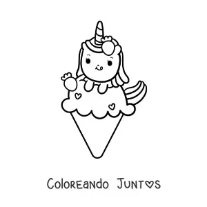 Imagen para colorear de unicornio tierno animado sobre un helado gigante