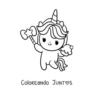 Imagen para colorear de unicornio tierno animado con un cupcake y una varita