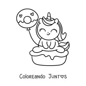 Imagen para colorear de unicornio tierno animado sobre un pastel con un globo de dona