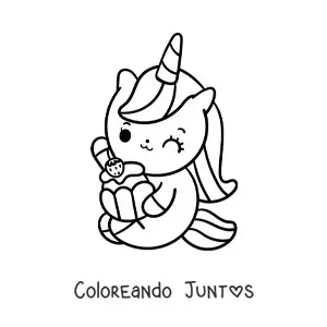 Imagen para colorear de unicornio tierno animado sentado comiendo un cupcake