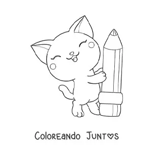 Imagen para colorear de gato kawaii con un lápiz escolar