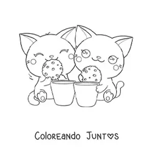 Imagen para colorear de pareja de gatos kawaii comiendo galletas con leche