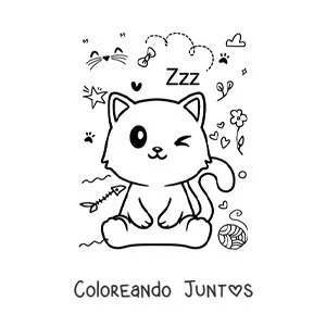 Imagen para colorear de gato kawaii animado sentado con estambre