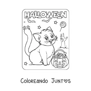 Imagen para colorear de gatito kawaii en Halloween con calabaza