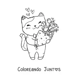 Imagen para colorear de gatito kawaii en San Valentín con ramo de flores
