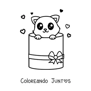 Imagen para colorear de gatito kawaii saliendo de una caja de regalo