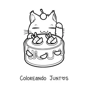 Imagen para colorear de gatito kawaii animado con un pastel de frutas