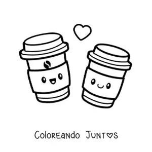 Imagen para colorear de pareja de vasos de café kawaii