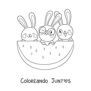 Imagen para colorear de 3 conejos kawaii animados comiendo sandía