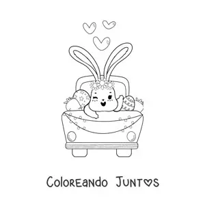 Imagen para colorear de conejito tierno animado en un auto con huevos de Pascua