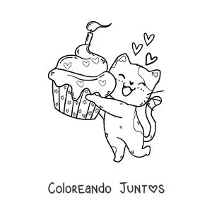 Imagen para colorear de gatito kawaii con un cupcake de cumpleaños