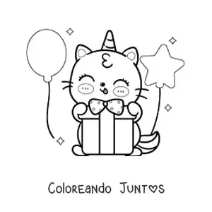 Imagen para colorear de gaticornio kawaii abriendo un regalo de cumpleaños