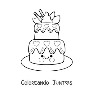 Imagen para colorear de pastel de cumpleaños kawaii animado