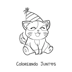 Imagen para colorear de gatito cumpleañero kawaii animado