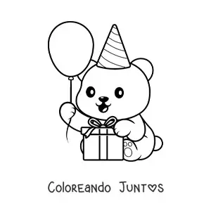 Imagen para colorear de oso cumpleañero kawaii con un regalo y un globo