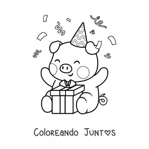 Imagen para colorear de cerdo cumpleañero kawaii sentado con un regalo y confeti