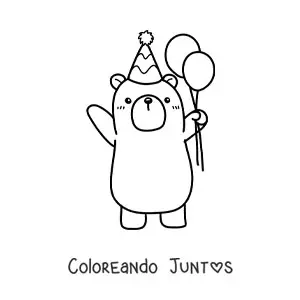 Imagen para colorear de oso kawaii de cumpleaños con un globo y un gorro