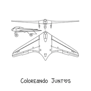 Imagen para colorear de un avión de guerra de frente, visto desde arriba y de lado