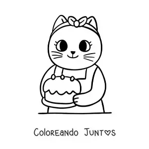 Imagen para colorear de gata cocinera animada kawaii con un pastel