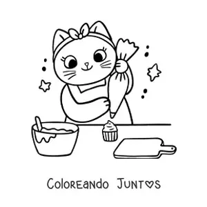 Imagen para colorear de gata cocinera animada kawaii decorando cupcakes en la cocina