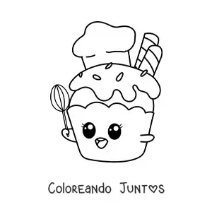 Imagen para colorear de chef cupcake kawaii animado con una batidora