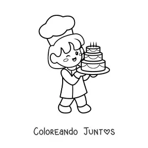Imagen para colorear de chef pastelera kawaii llevando un pastel