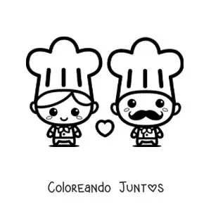 Imagen para colorear de pareja de cocineros kawaii tiernos
