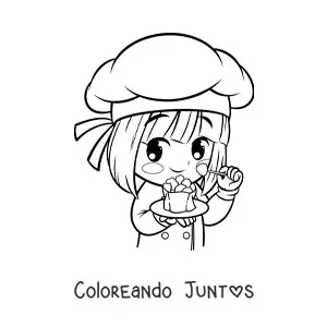Imagen para colorear de niña cocinera kawaii con un platillo de comida