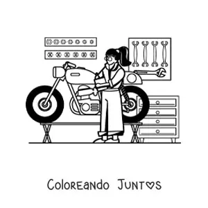 Imagen para colorear de mujer con oficio de mecánico en su taller con una moto
