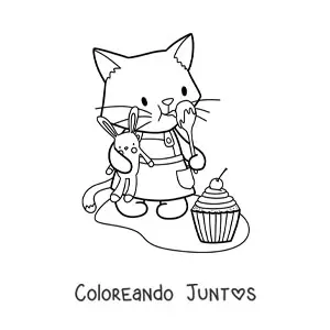 Imagen para colorear de gatito pastelero animado kawaii con un cupcake