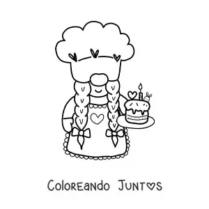 Imagen para colorear de gnomo pastelero kawaii con un pastel de cumpleanos