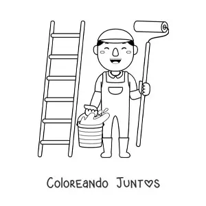 Imagen para colorear de hombre con oficio de pintor con un rodillo y una escalera