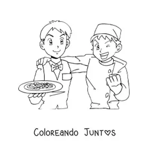 Imagen para colorear de mesero y chef de un restaurante estilo anime
