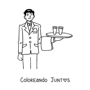 Imagen para colorear de mesero animado llevando una bandeja con vasos