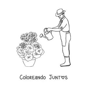 Imagen para colorear de jardinero con sombrero regando las plantas