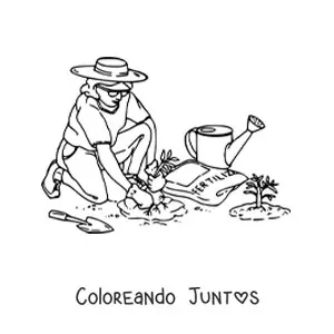 Imagen para colorear de mujer jardinera con sombrero sembrando en el jardín