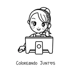 Imagen para colorear de secretaria kawaii llamando por teléfono frente al ordenador