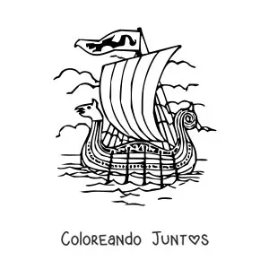 Imagen para colorear de un barco vikingo en el mar con remos y una proa con cabeza de animal
