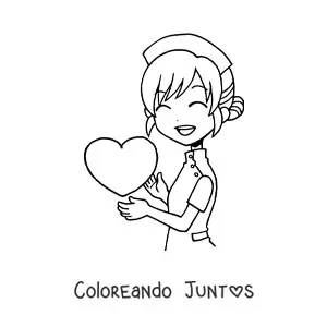 Imagen para colorear de enfermera kawaii animada con un corazón