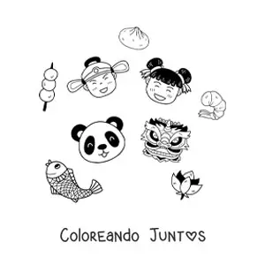 Imagen para colorear de niños chinos kawaii con un panda y una máscara china