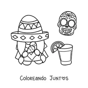 Imagen para colorear de gnomo animado con sombrero mexicano y tequila