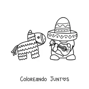 Imagen para colorear de gnomo animado con sombrero mexicano y piñata