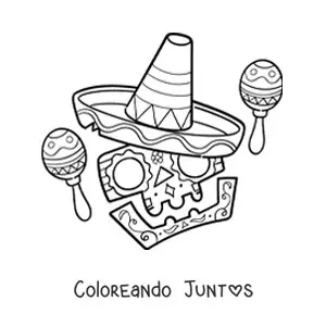 Imagen para colorear de caricatura de calavera mexicana con maracas