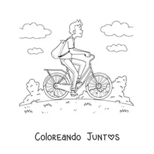 Imagen para colorear de un hombre en una bicicleta con nubes de fondo