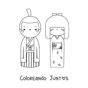 Imagen para colorear de pareja japonesa con vestimenta tradicional