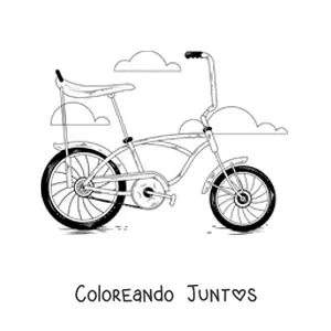Imagen para colorear de una bicicleta antigua con nubes de fondo