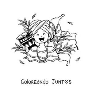 Imagen para colorear de mujer con vestimenta tradicional y el mapa de colombia